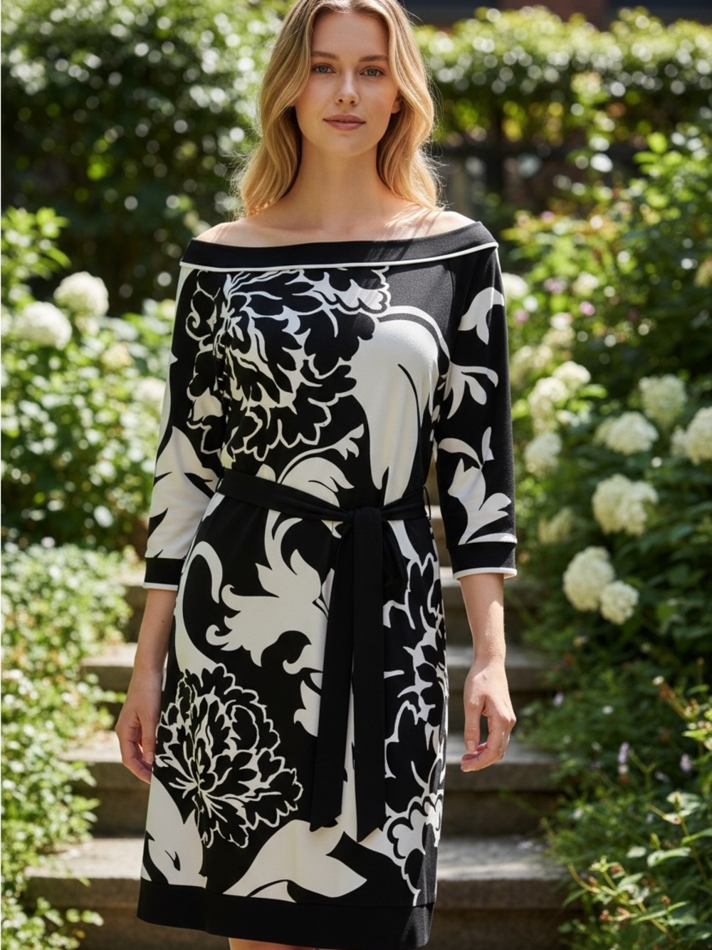 White House Black Market Black and White Floral Belted Dress